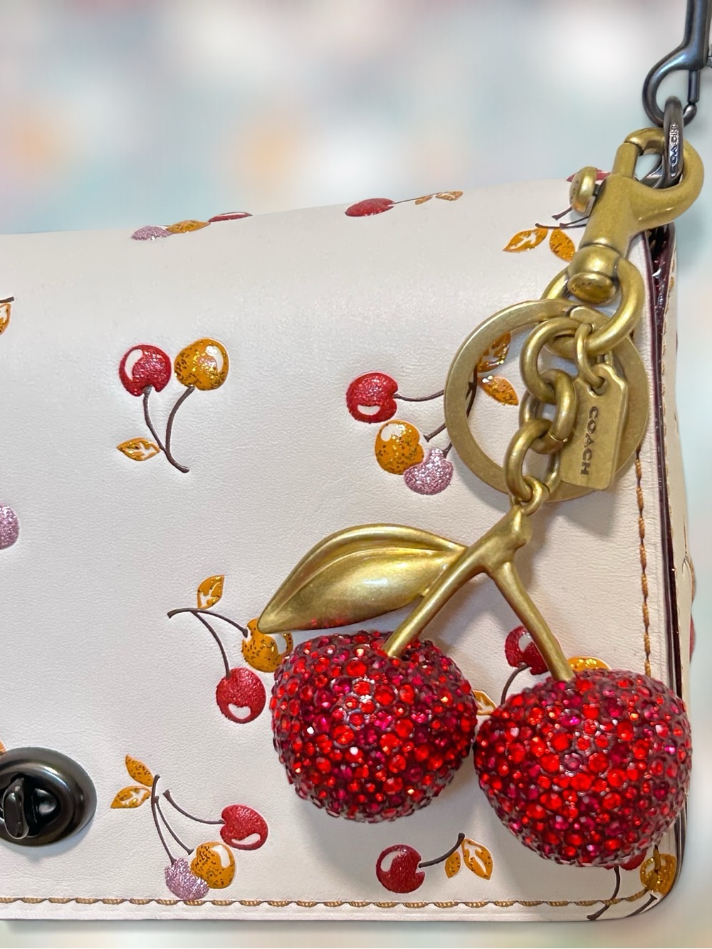 COACH Crystal Cherries Bag Charm Key Ring w/Box & Dust Bag
